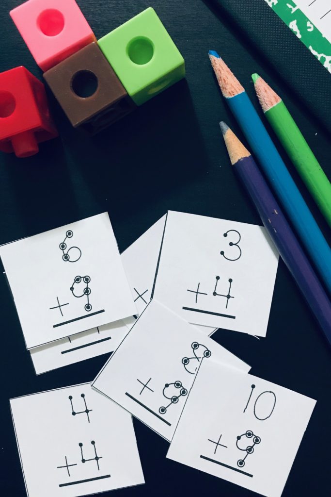 tiny math flashcards with counters.lored pencils and