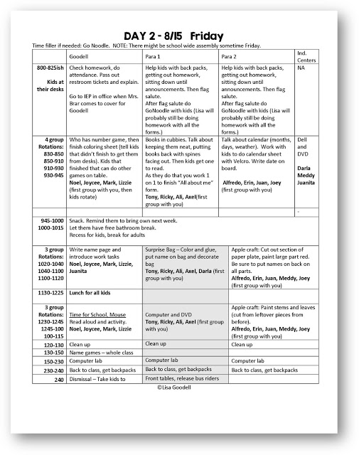 First week daily schedule lesson plan sample. Page 1.