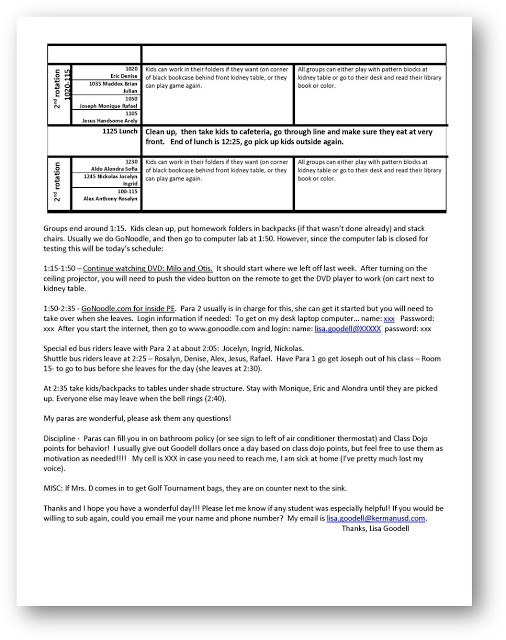 Substitute lesson plans in a special ed class. Page 2.