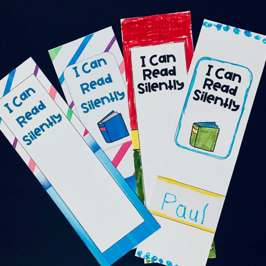 a set of four bookmarks that read, "I can read silently."