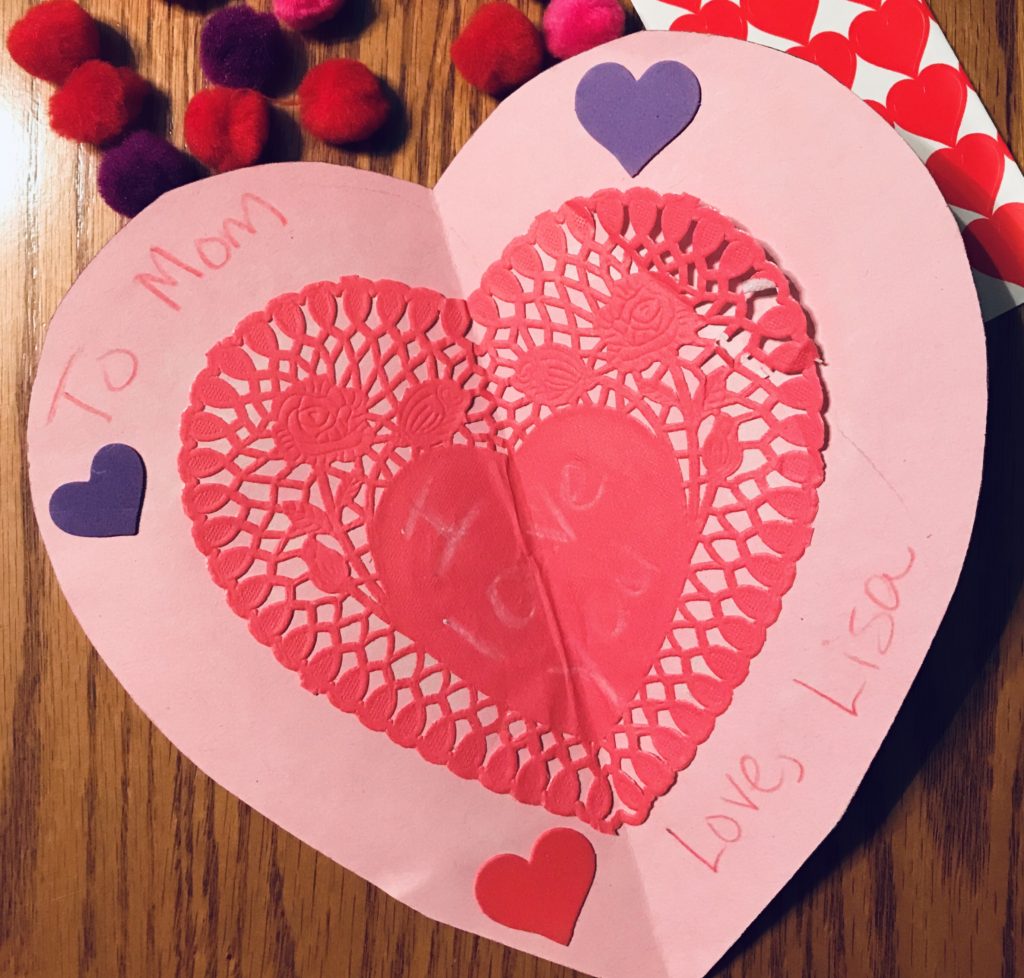 Inside of folded doily Valentine card.