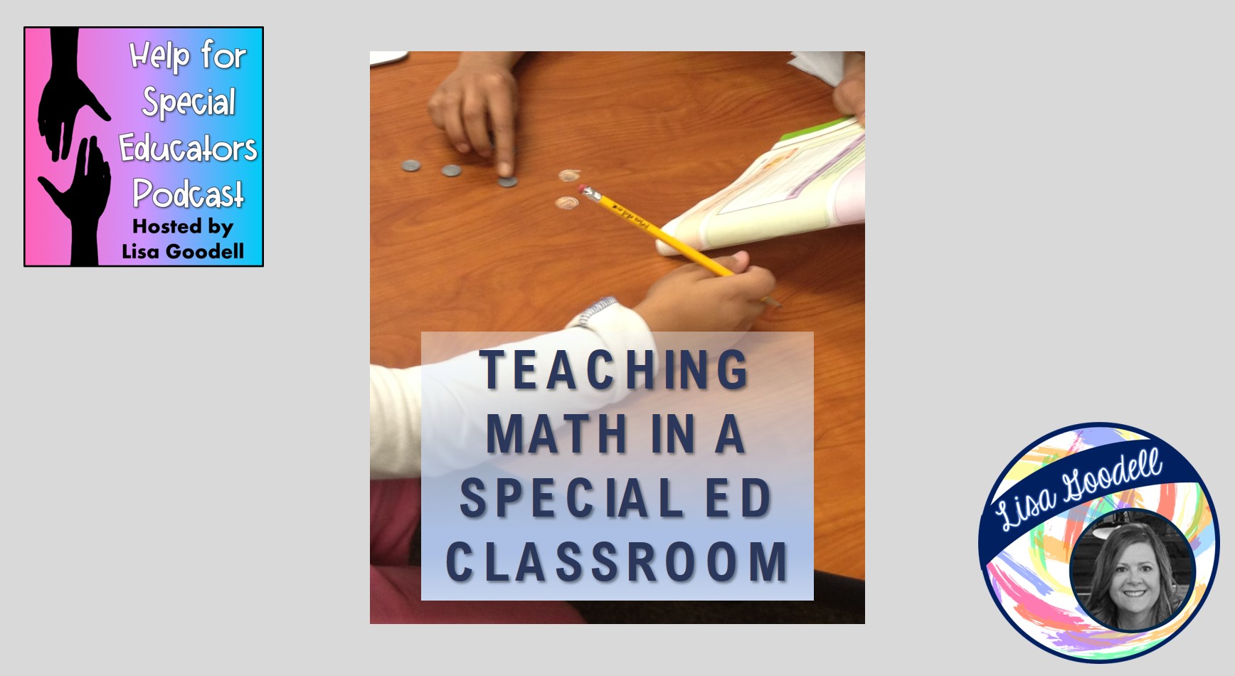 Teaching Math cover with book, pencil, hands, coins
